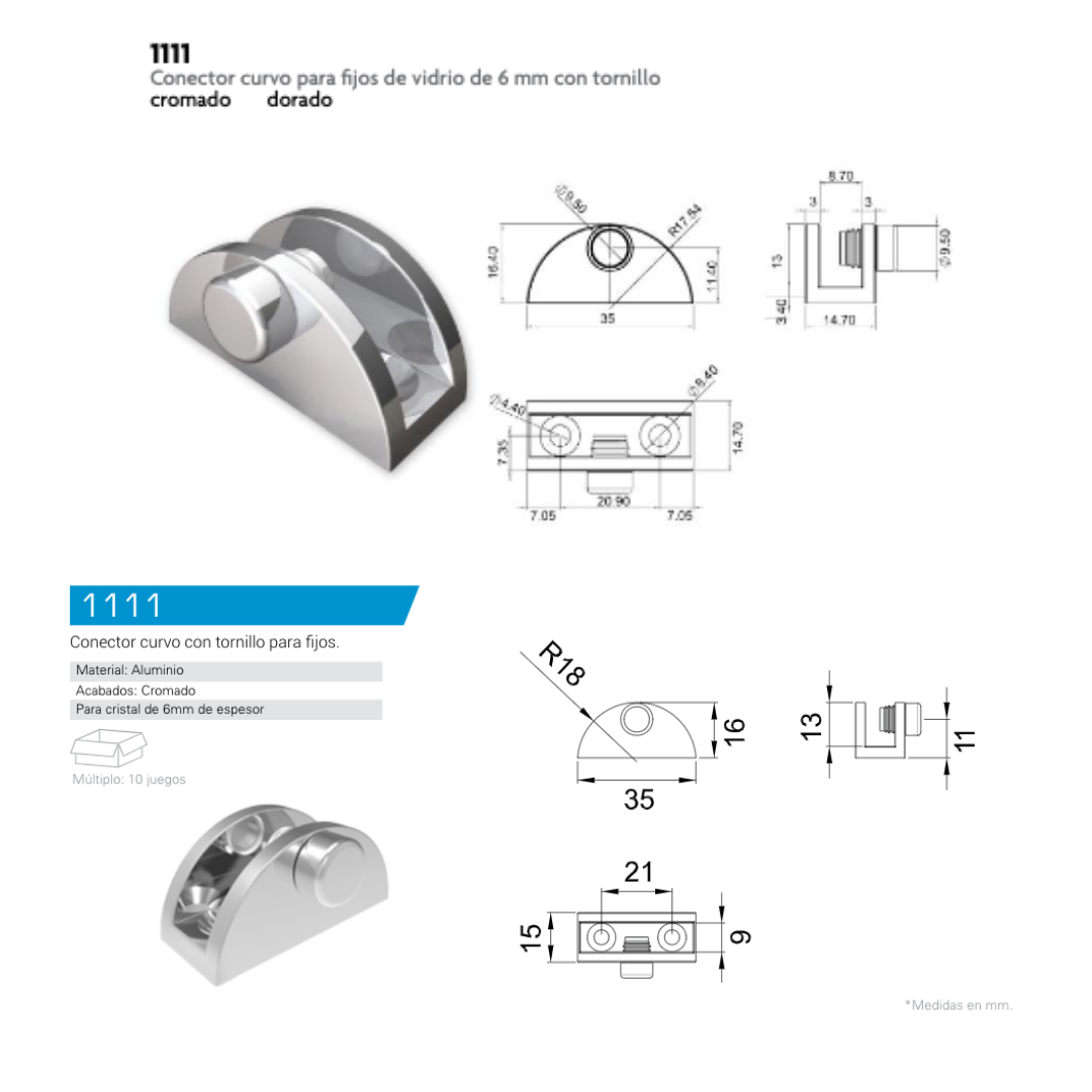 Conector Curvo con Tornillo Para Cristal Fijo de 6mm en Muro o Vitrina