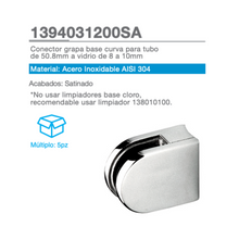 Curved Base Clip Connector For 2" (50.8mm) Tube to 8 to 10mm Glass SKU 1394031200SA