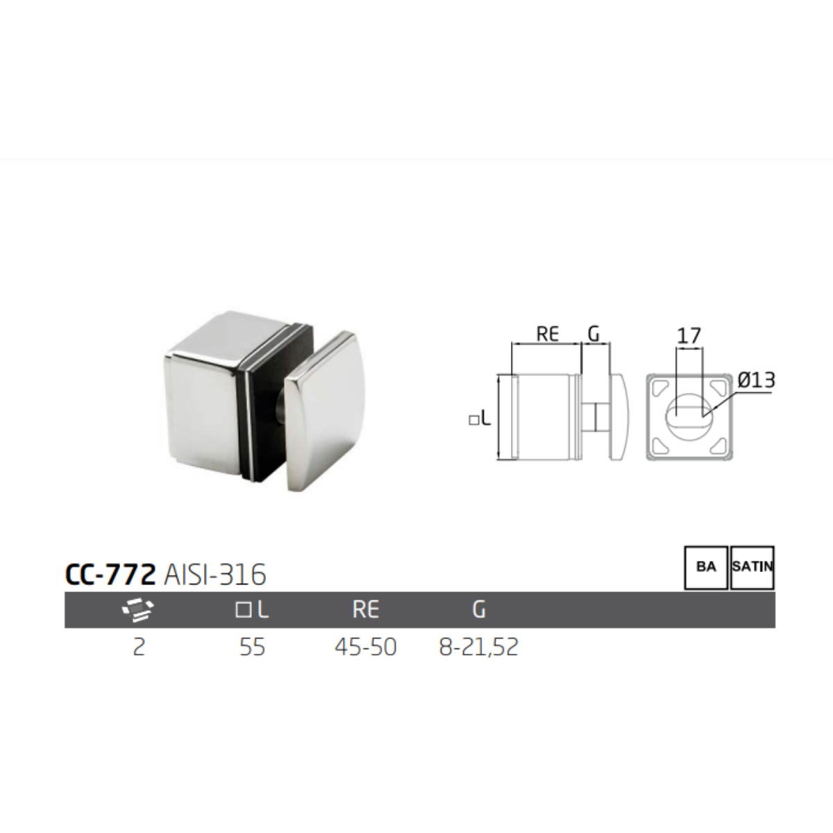 Conector Cuadrado Lateral Ajustable de Acero Inoxidable Para Vidrio de 8-21.5mm Inoxidable