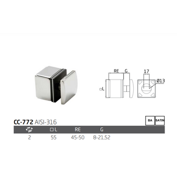 Conector Cuadrado Lateral Ajustable de Acero Inoxidable Para Vidrio de 8-21.5mm Inoxidable
