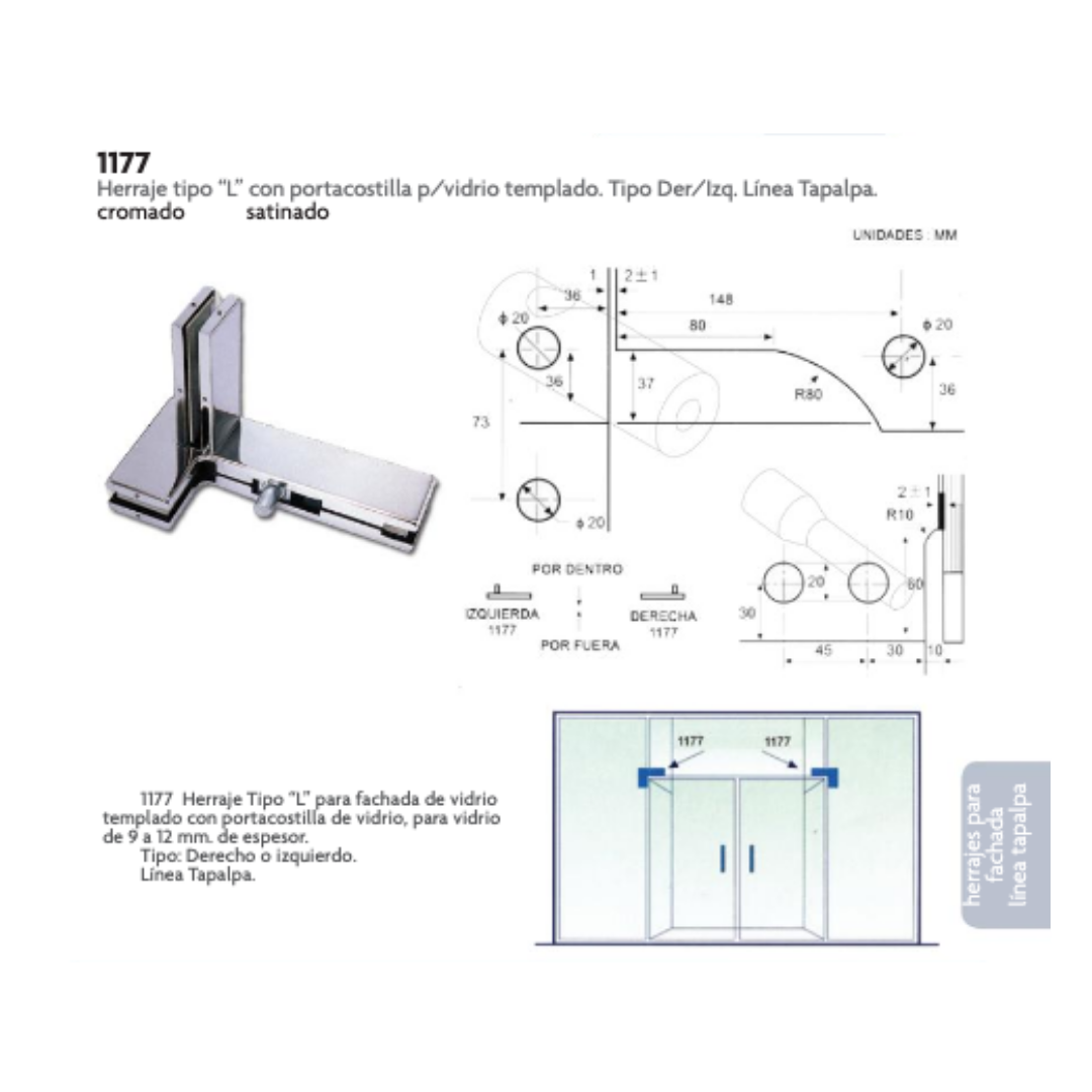 Herraje Superior Tipo "L" con Portacostilla Linea Tapalpa para Cristal Templado Herralum