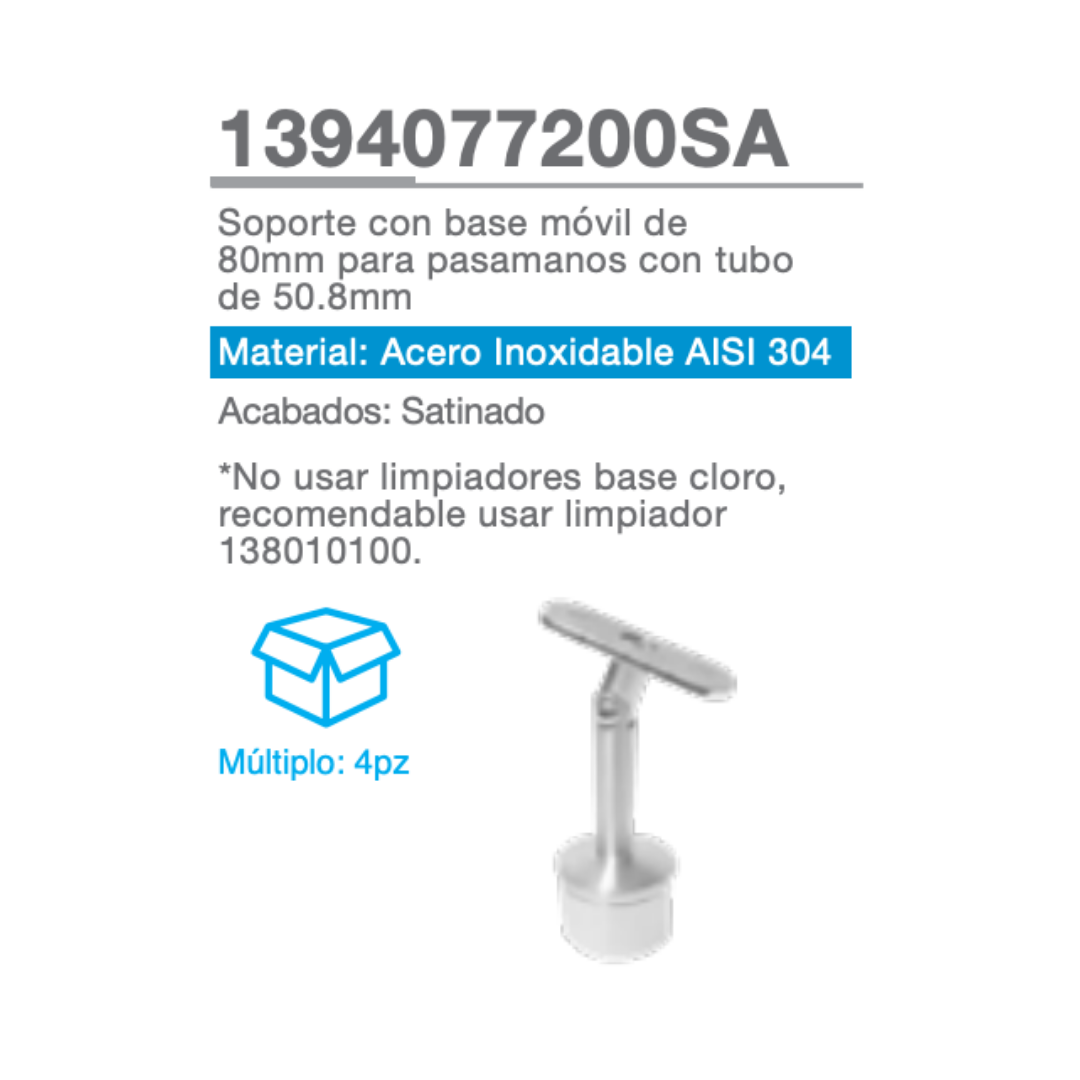 Soporte con Base de Móvil de 80mm Para Pasamanos De Tubo 2" (50.8mm) Herralum