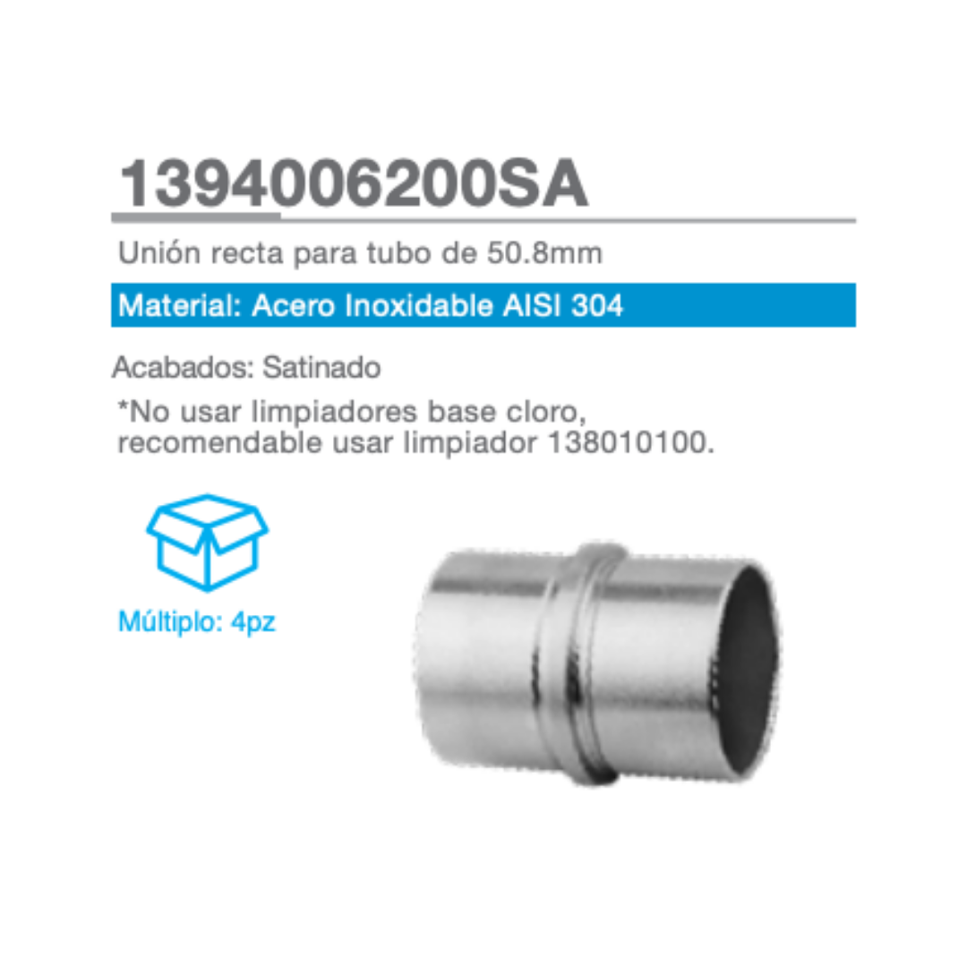 Straight Union For 50.8mm Tube SKU 1394006200 Herralum