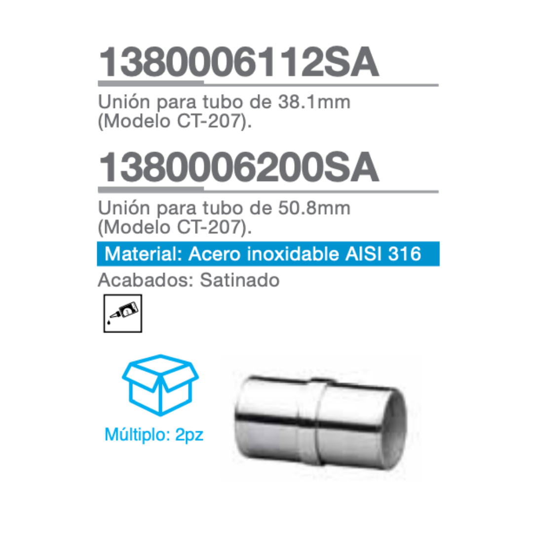 Unión para tubo de 2" (50.8mm) Y 1 1/2" (38.1mm) herralum