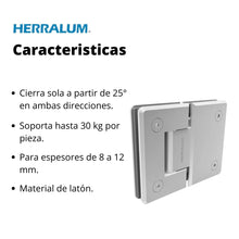 Bisagra Vidrio a Vidrio de 180º Para Puertas en Interior de Cristal Templado Herralum