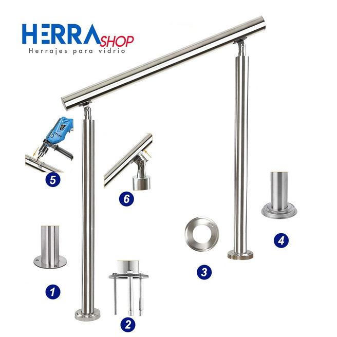Stainless Steel Handrail with Mobile Support for Installation from 90° to 45° in Both Directions Herralum