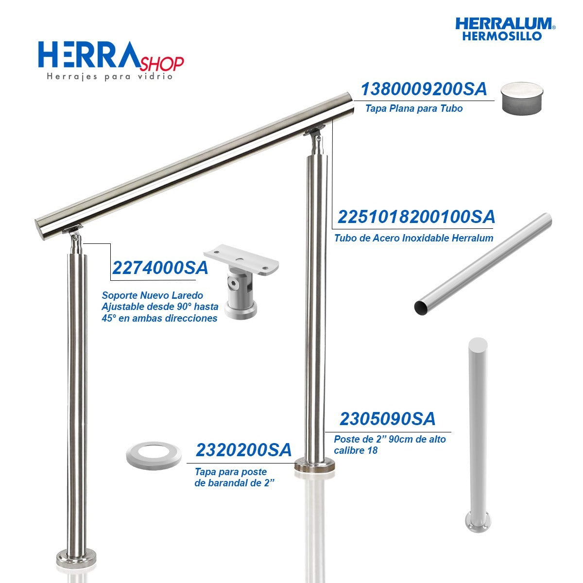 Barandal De Acero Inoxidable Con Soporte Móvil Para Instalación De 90° A 45° En Ambas Direcciones Herralum