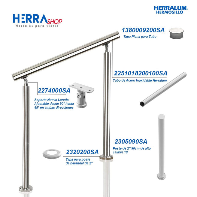 Stainless Steel Handrail with Mobile Support for Installation from 90° to 45° in Both Directions Herralum